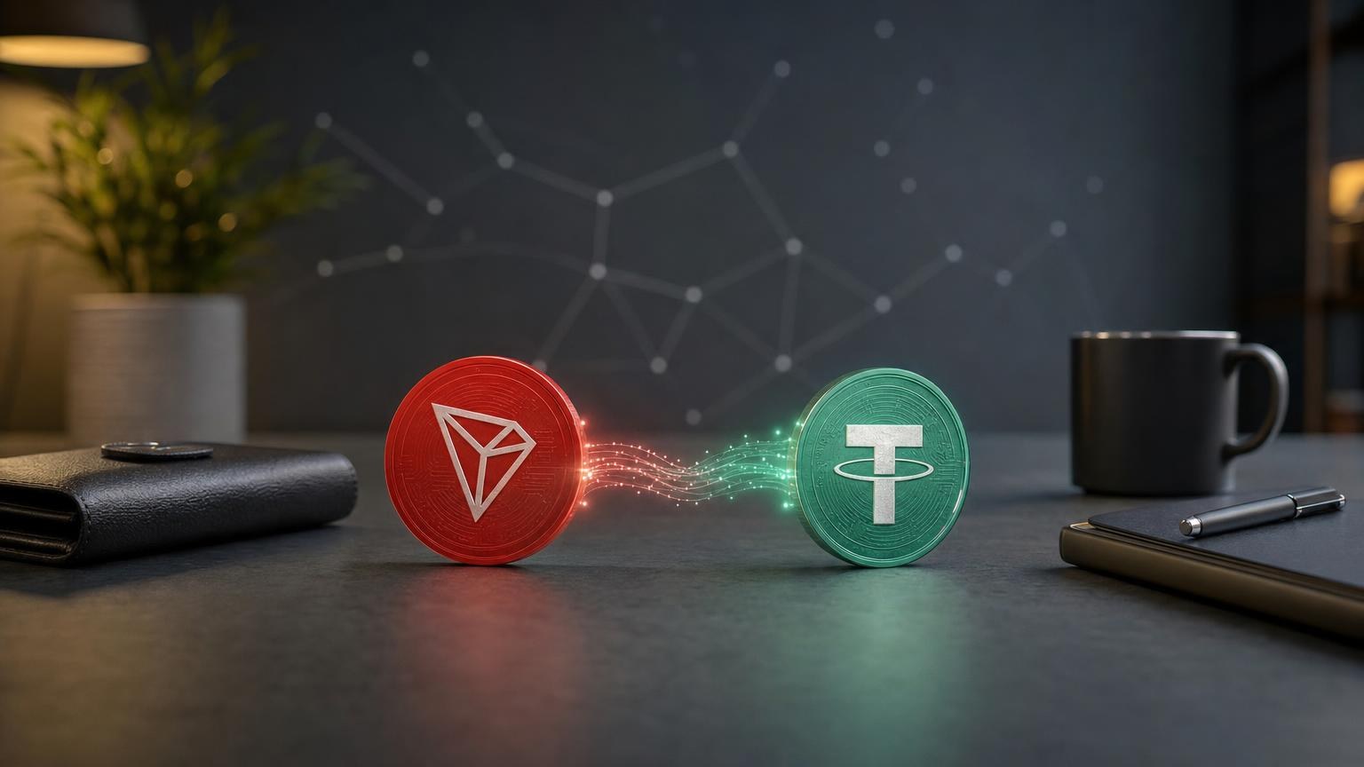 Schermata didattica di uno scambio da TRX a USDT sulla rete TRON con controllo di indirizzo, importi, commissione e stato